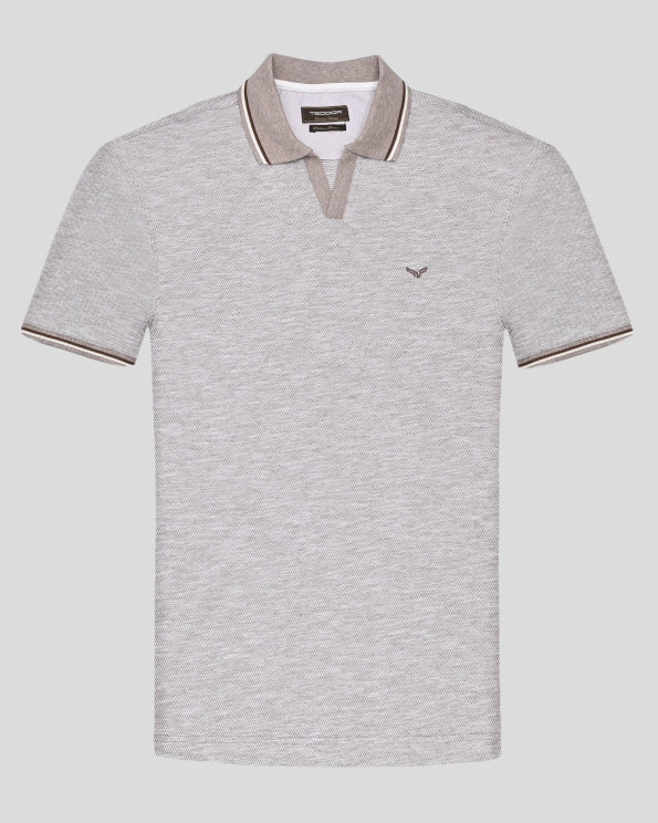 ТЕНИСКА С ПОЛО ЯКА ОТ ПАМУК, МОДАЛ И ЛЕН В БЕЖОВ МЕЛАНЖ