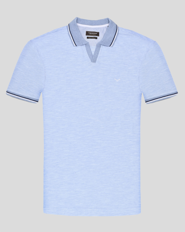 ТЕНИСКА С ПОЛО ЯКА И КОНТРАСТНА ДЕСЕНАЦИЯ В СВЕТЛОСИН МЕЛАНЖ