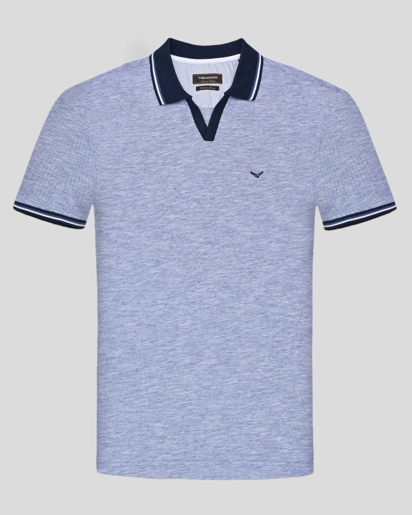 ТЕНИСКА ОТ ПАМУК, МОДАЛ И ЛЕН С ПОЛО ЯКА  В ДЕНИМ СИН И БЯЛ МЕЛАНЖ