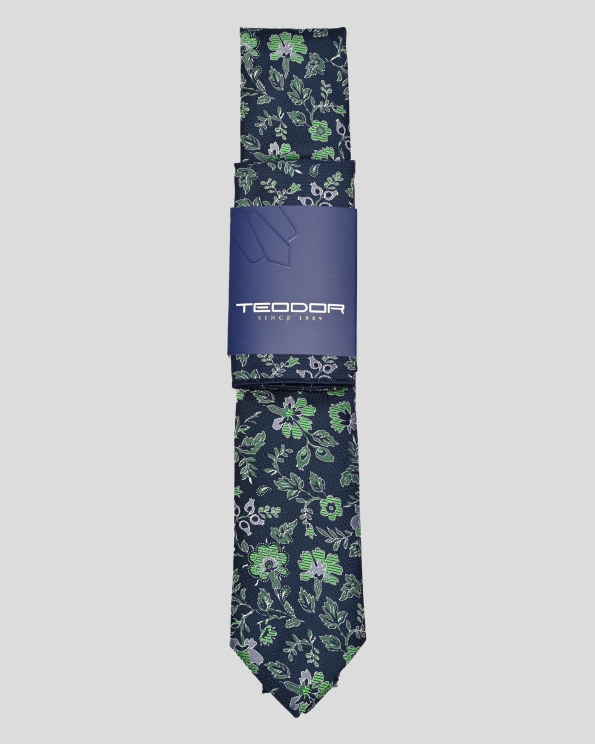 ТЪМНОСИН КОМПЛЕКТ ВРАТОВРЪЗКА И КЪРПИЧКА В КОНТРАСТЕН ДЕСЕН НА ЦВЕТЯ