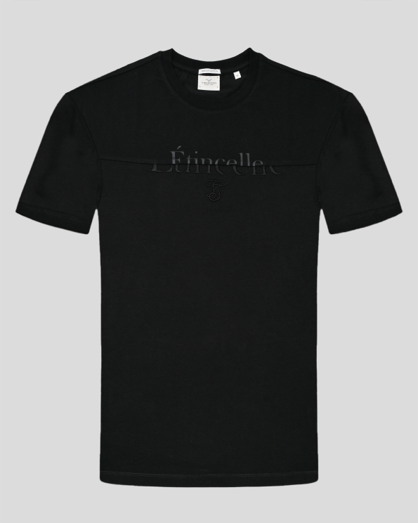 ЧЕРНА ТЕНИСКА ОТ PREMIUM ПАМУК С ЕФЕКТЕН ПРИНТ И БРОДЕРИЯ НАДПИС 