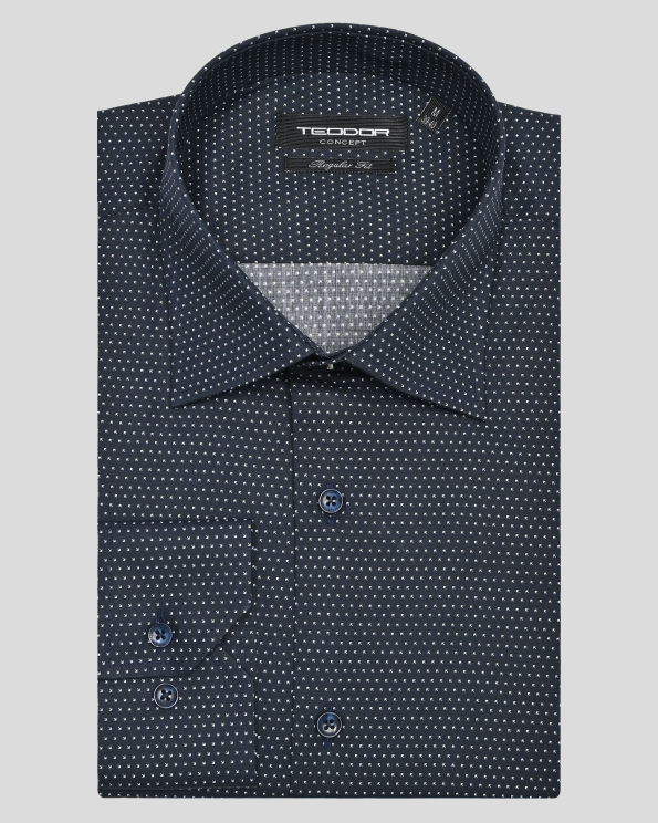 ТЪМНОСИНЯ КЛАСИЧЕСКА РИЗА В СИТЕН КОНТРАСТЕН ПРИНТ