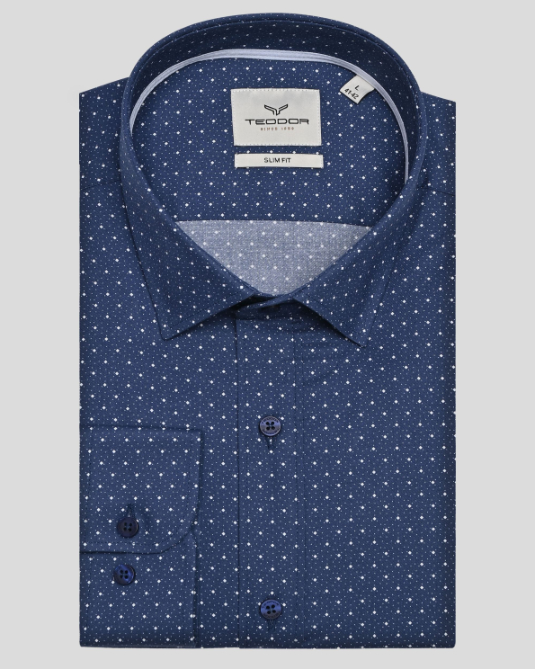 СИНЯ ВТАЛЕНА РИЗА ОТ ПАМУЧЕН ГАБАРДИН С КОНТРАСТЕН ДЕСЕН