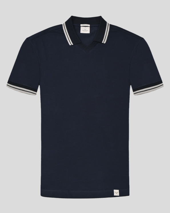 ТЪМНОСИНЯ ТЕНИСКА С ПОЛО ЯКА И V-ОБРАЗНО ДЕКОЛТЕ ОТ  ОТ PREMIUM ПАМУК