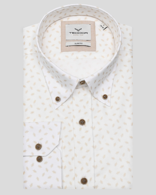 БЯЛА СТРУКТУРНА РИЗА В КОНТРАСТЕН БЕЖОВ ПРИНТ С МОТИВ ПЕРЦА