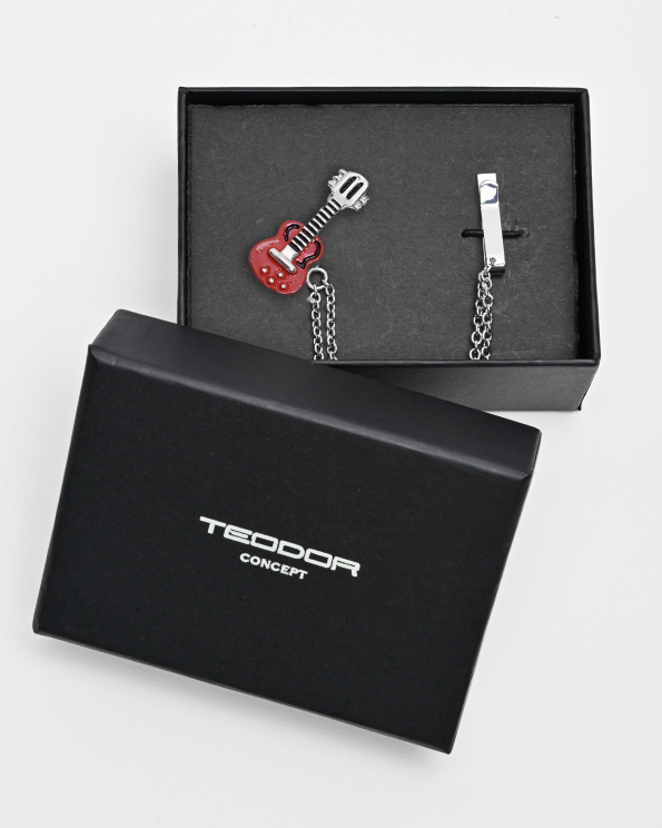 БРОШКА С ВЕРИЖКА ВЪВ ФОРМА НА КИТАРА В ЧЕРВЕНО И СРЕБРИСТО СИВО