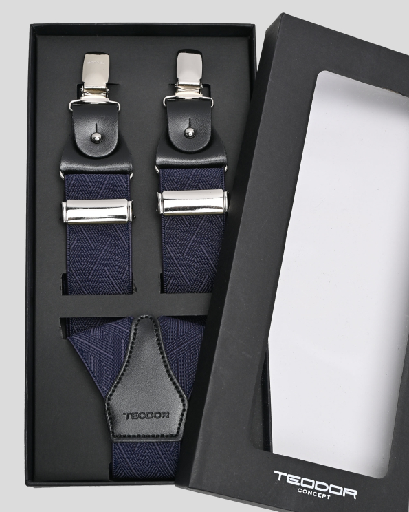 ДЕНИМ СИНИ ТИРАНТИ С КОЖЕНИ ЕЛЕМЕНТИ И КЛИПСИ С ЛОГО