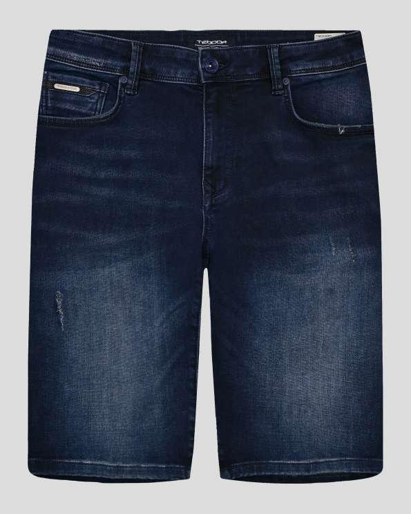 ДЕНИМ СИНИ ДЪНКОВИ БЕРМУДИ С ЕФЕКТНО ИЗСВЕТЛЯВАНЕ И МЕТАЛНО ЛОГО