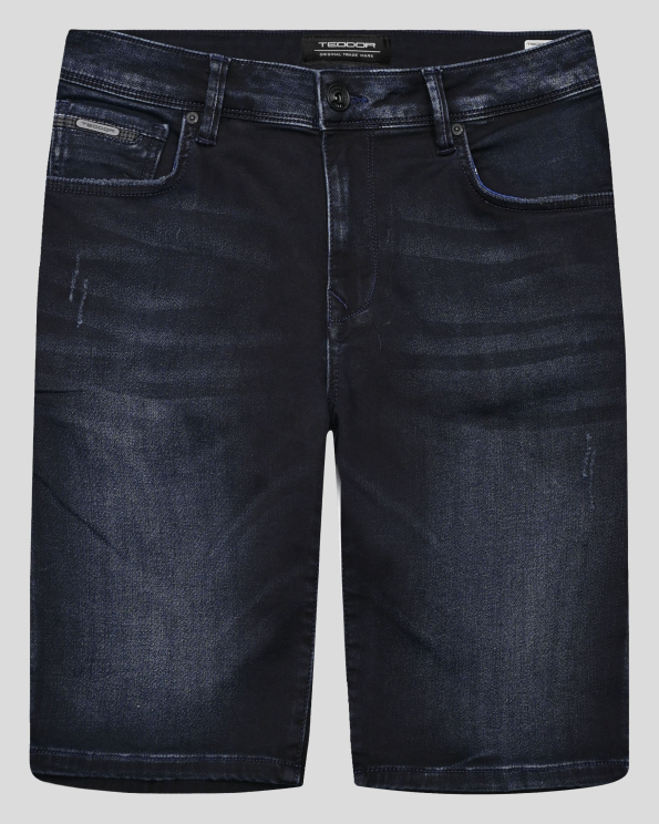 ТЪМНОСИНИ ДЪНКОВИ БЕРМУДИ С ДЕКОРАТИВНИ НАКЪСВАНИЯ И ЛОГО