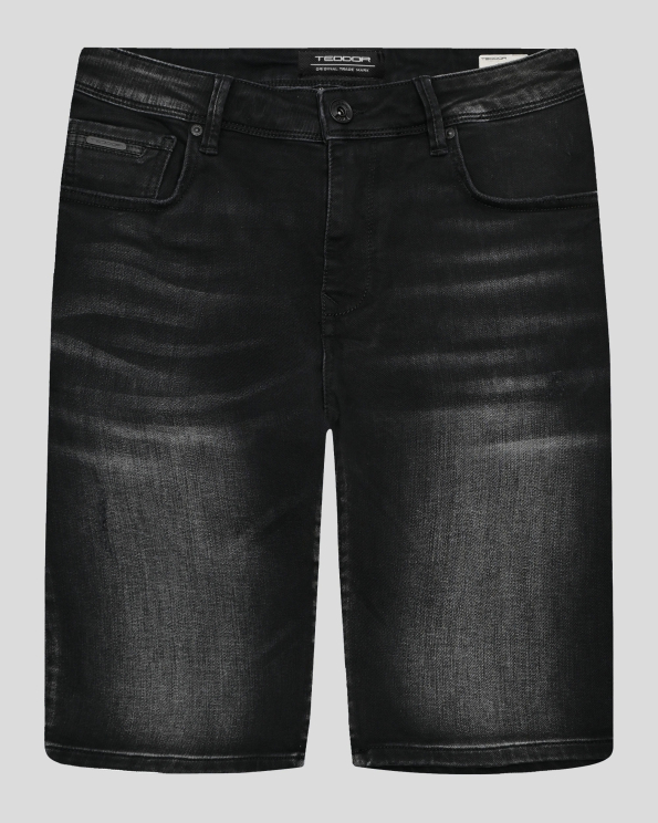 ЧЕРНИ ДЪНКОВИ БЕРМУДИ С ДЕКОРАТИВНИ НАКЪСВАНИЯ И ЛОГО АКСЕСОАР