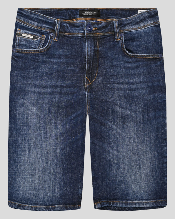 ТЪМНОСИНИ ДЪНКОВИ БЕРМУДИ С КОНТРАСТНИ ШЕВОВЕ И ЛОГО