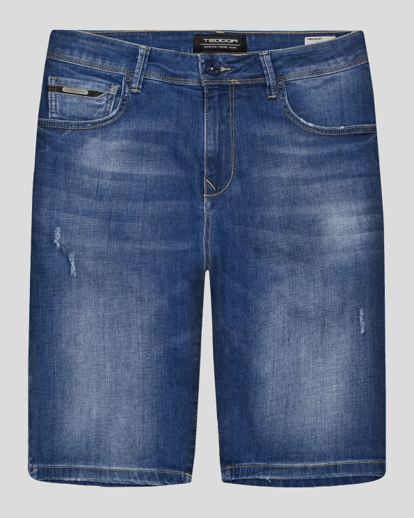 СИНИ ДЪНКОВИ БЕРМУДИ С КОНТРАСТНИ ШЕВОВЕ И ЛОГО