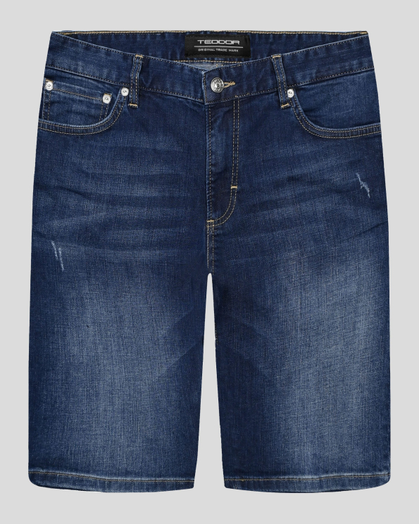 ДЕНИМ СИНИ ДЪНКОВИ БЕРМУДИ С ДЕКОРАТИВНИ НАКЪСВАНИЯ И ЛЕК ИЗТРИТ ЕФЕКТ