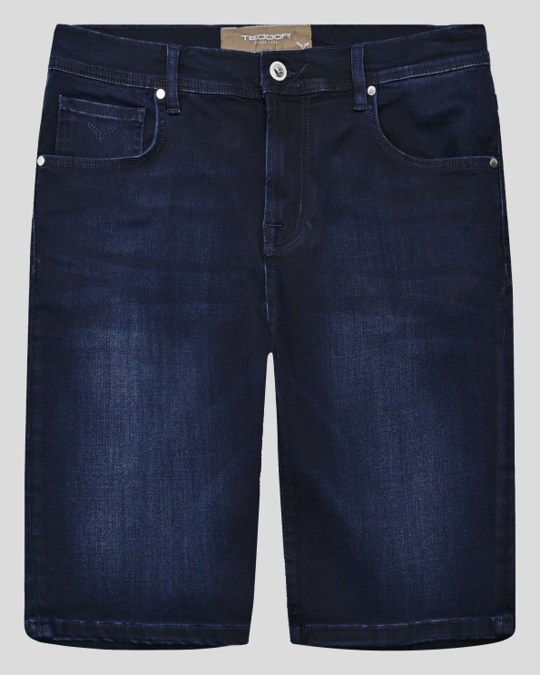 ИНДИГОВО СИНИ ДЪНКОВИ БЕРМУДИ С КОНТРАСТНА КОЖЕНА ЛОГО ЕМБЛЕМА