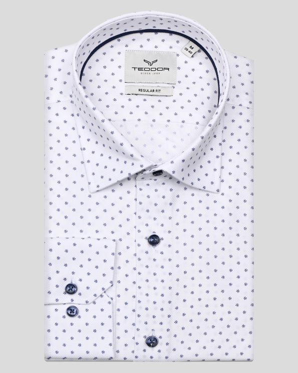 БЯЛА СТРУКТУРНА РИЗА В ТЪМНОСИН ФИГУРАЛЕН ПРИНТ