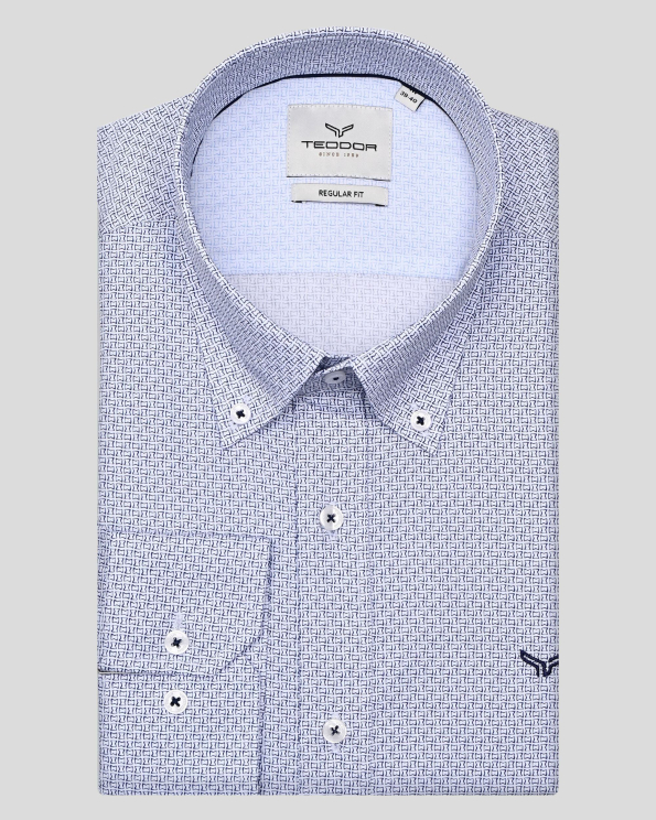 РИЗА ПОПЛИН С ФИГУРАЛНИ МОТИВИ В БЯЛО И ТЪМНОСИНЬО 