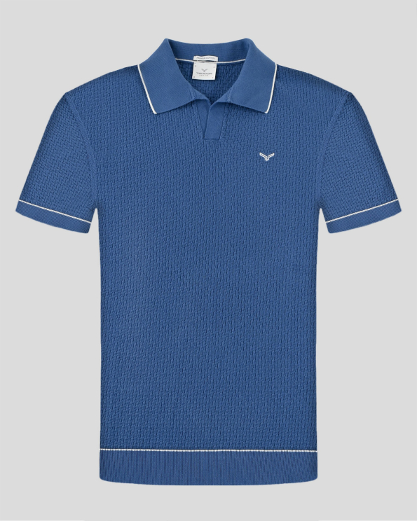 ДЕНИМ СИНЯ ПОЛО ТЕНИСКА ТИП ПЛЕТИВО С КОНТРАСТНА ДЕСЕНАЦИЯ