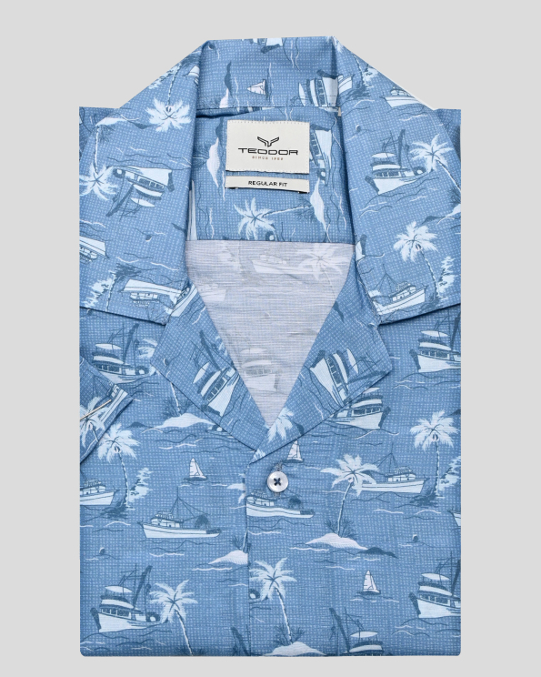 СИНЯ РИЗА ТИП ХАВАЙСКА С КОНТРАСТЕН АРТ ПРИНТ 