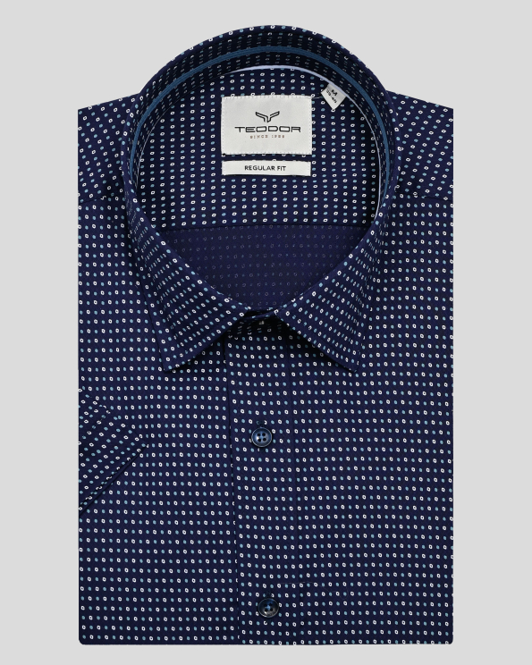 ТЪМНОСИНЯ РИЗА С КЪС РЪКАВ ОТ ФИН ПАМУК В  КОНТРАСТЕН ДЕСЕН