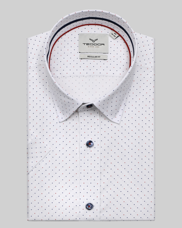 БЯЛА РИЗА С КЪС РЪКАВ ОТ ФИН ПАМУК В  КОНТРАСТЕН ДЕСЕН НА ТОЧКИ