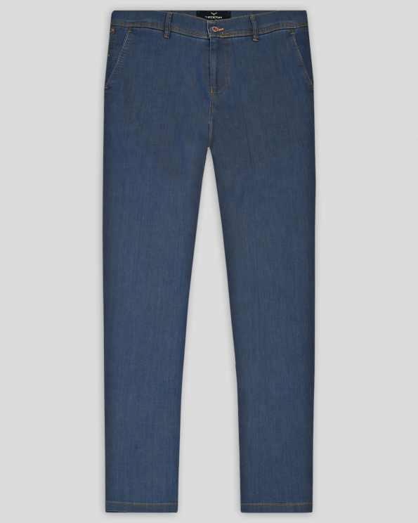 ДЕНИМ СИН ЧИНО ПАНТАЛОН С КОЖЕНА ЛОГО ЕМБЛЕМА ВТАЛЕН СИЛУЕТ