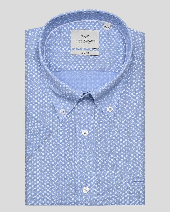 СИНЯ  РИЗА С КЪС РЪКАВ В КОНТРАСТЕН ДЕСЕН НА ЦВЕТЯ 