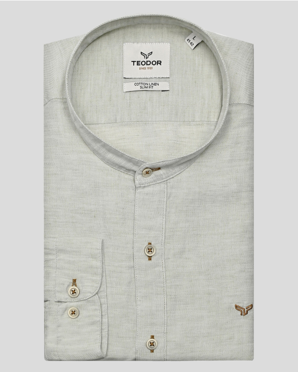 СВЕТЛОЗЕЛЕНА РИЗА ОТ ПАМУК И ЛЕН С ПОПСКА ЯКА И НАВИВАЩИ СЕ РЪКАВИ