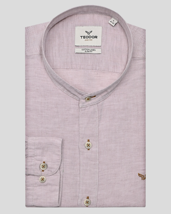 РИЗА ОТ ПАМУК И ЛЕН С ПОПСКА ЯКА И НАВИВАЩИ СЕ РЪКАВИ В АНТИК РОЗОВО