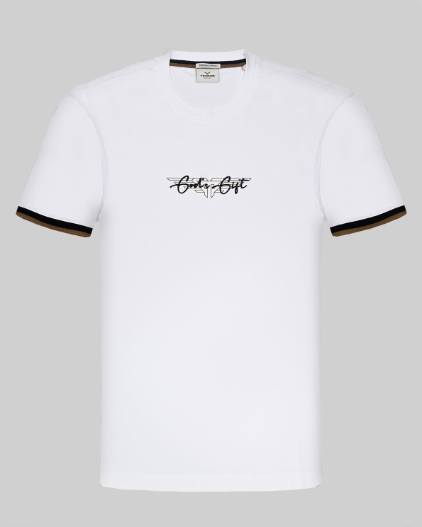 БЯЛА ТЕНИСКА С ЕФЕКТЕН ЛОГО ПРИНТ И БРОДЕРИЯ С НАДПИС GOD`s GIFT