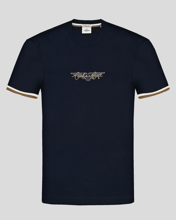 ТЪМНОСИНЯ ТЕНИСКА С ЕФЕКТЕН ЛОГО ПРИНТ И БРОДЕРИЯ С НАДПИС GOD`s GIFT