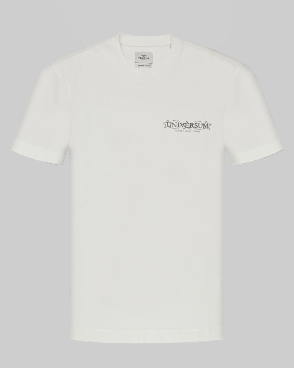 БЯЛА ТЕНИСКА ОТ PREMIUM ПАМУК С ЕФЕКТЕН ПРИНТ НА ПРЕДНА ЧАСТ И ГРЪБ