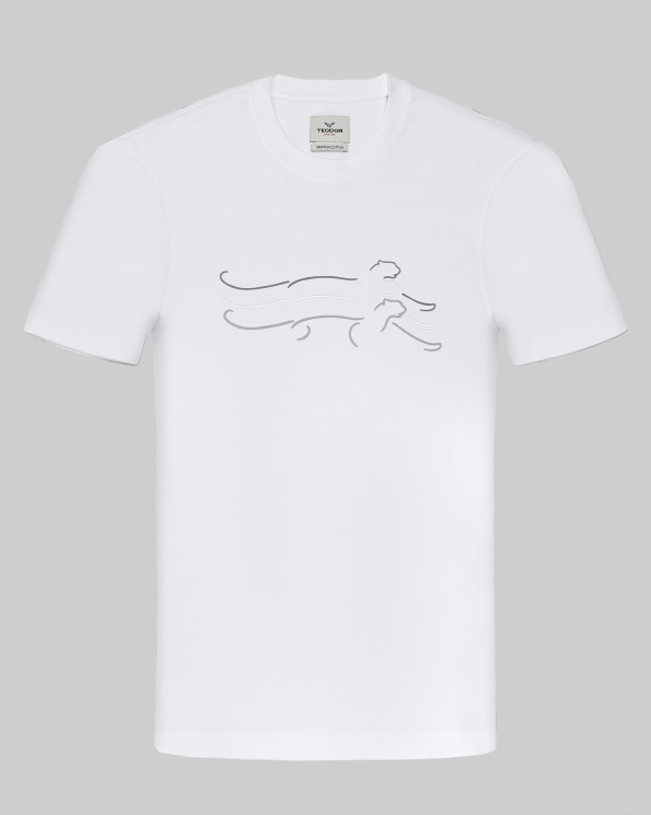 БЯЛА ТЕНИСКА ОТ PREMIUM ПАМУК С КОНТРАСТЕН ГУМИРАН ПРИНТ ПАНТЕРА 