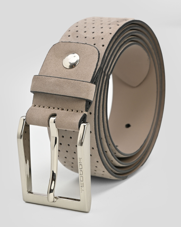 СИВО-БЕЖОВ КОЛАН ОТ ЕСТЕСТВЕНА КОЖА НАБУК С МЕТАЛНА КАТАРАМА И ЛОГО