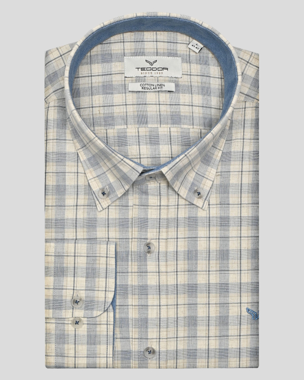 ДВУЦВЕТНА РИЗА КАРЕ В СИНЬО И БЕЖОВО С КОНТРАСТНА ГАРНИТУРА И ЛОГО