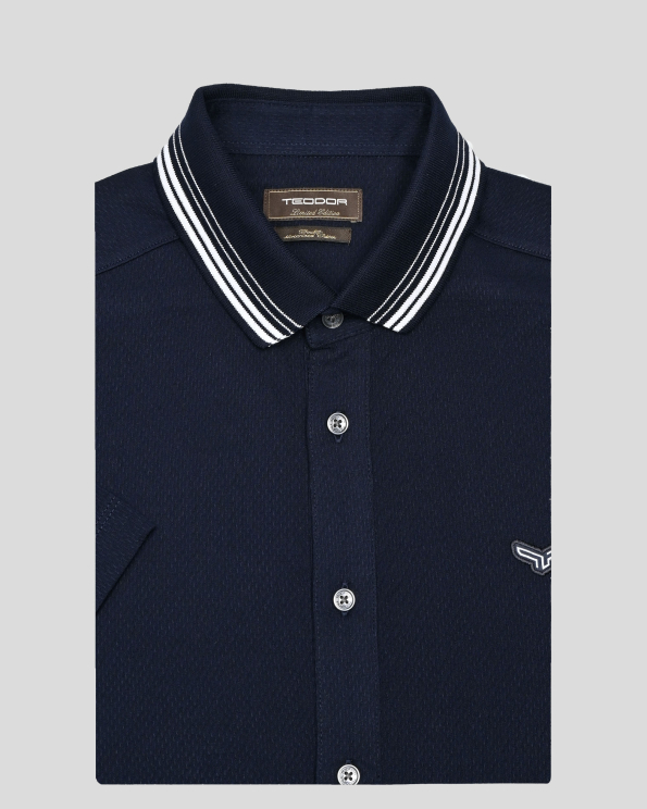 ТЪМНОСИНЯ РИЗА С КЪС РЪКАВ ОТ ДВОЙНО МЕРСЕРИЗИРАНО СТРУКТУРНО  ТРИКО  