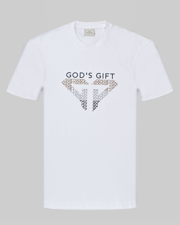 БЯЛА ТЕНИСКА ОТ PREMIUM ПАМУК С ЕФЕКТЕН ЛОГО ПРИНТ И НАДПИС GOD`S GIFT