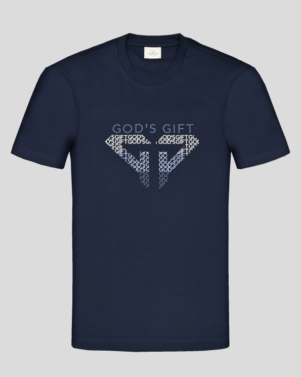ТЪМНОСИНЯ ТЕНИСКА  ОТ PREMIUM ПАМУК С ЛОГО ПРИНТ И НАДПИС GOD`S GIFT