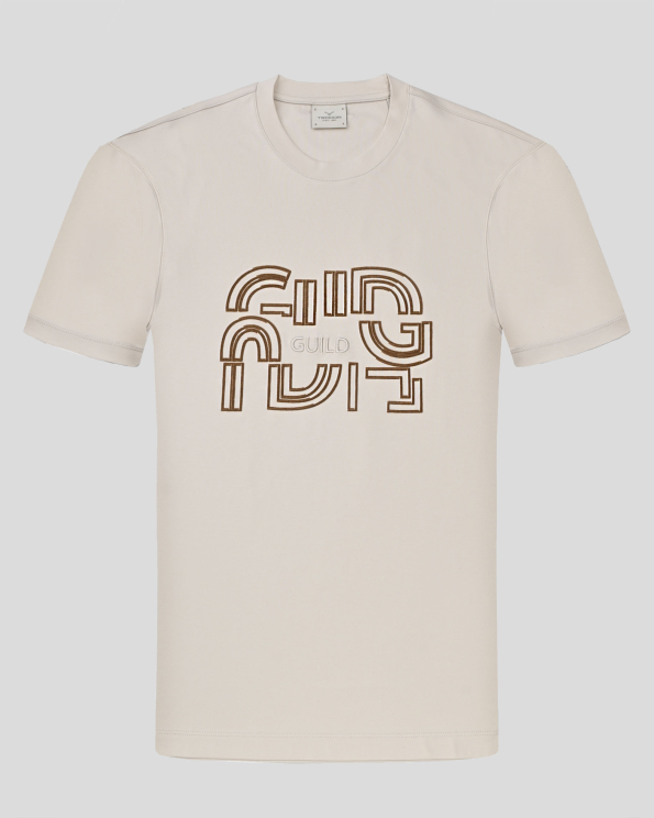 БЕЖОВА ТЕНИСКА С ОБЛО ДЕКОЛТЕ И КОНТРАСТНА БРОДЕРИЯ С ПЛЮШ ЕФЕКТ