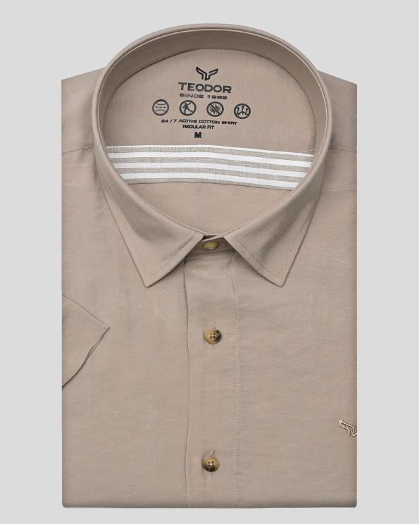 БЕЖОВА РИЗА ОТ МОДАЛ И ПАМУК С КЪС РЪКАВ И ТОНАЛНА БРОДЕРИЯ ЛОГО