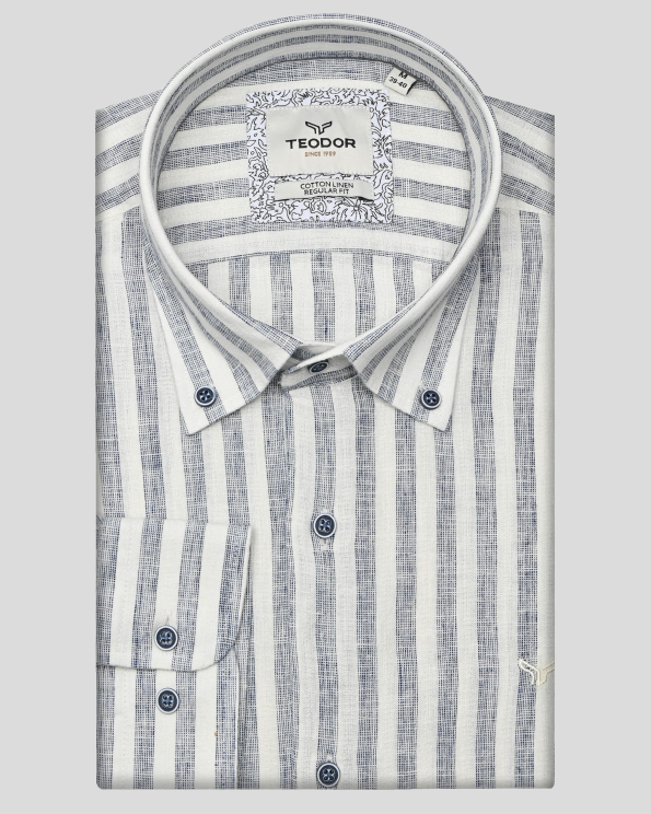 ДВУЦВЕТНА РАИРАНА РИЗА ОТ ПАМУК И ЛЕН В ТЪМНОСИНЬО И БЯЛО