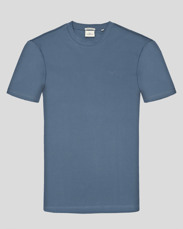 ТЕНИСКА ОТ PREMIUM ПАМУК С ОБЛО ДЕКОЛТЕ И ЛОГО В ЦВЯТ ПЕТРОЛ