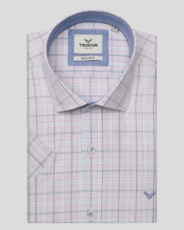 МНОГОЦВЕТНА КАРИРАНА РИЗА С КЪС РЪКАВ И ГАРНИТУРА НА ЯКАТА 