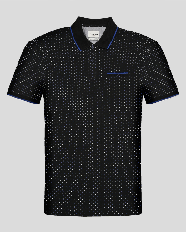  ЧЕРНА ПОЛО ТЕНИСКА ОТ PREMIUM ПАМУК В СИТЕН КОНТРАСТЕН ПРИНТ 