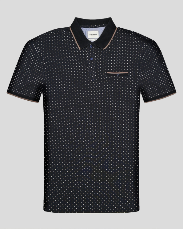 ТЪМНОСИНЯ  ПОЛО ТЕНИСКА ОТ PREMIUM ПАМУК В СИТЕН КОНТРАСТЕН ПРИНТ 