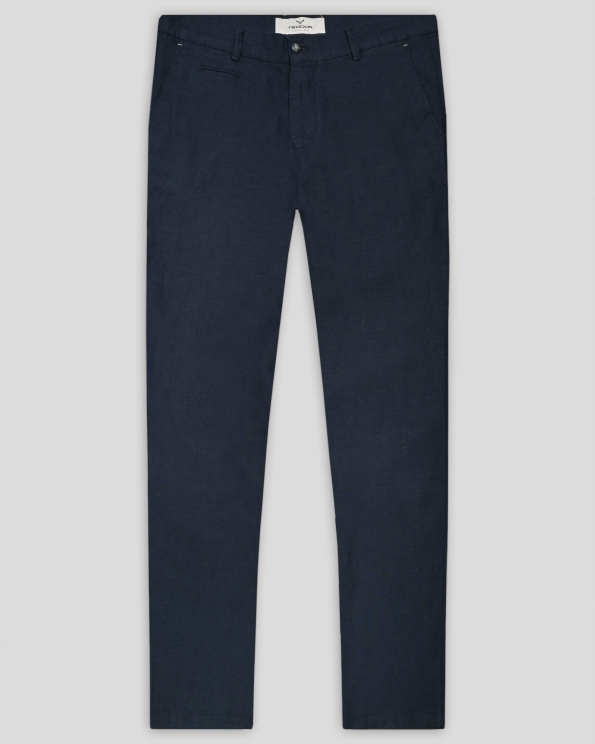 ТЪМНОСИН ЛЕНЕН ПАНТАЛОН С ИТАЛИАНСКИ ДЖОБ И КОЖЕН ЛОГО АКСЕСОАР