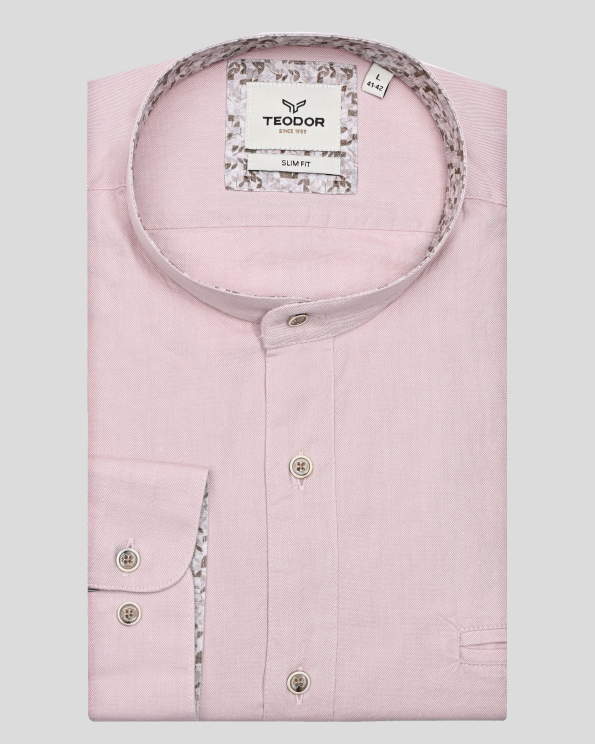 РИЗА С ПОПСКА ЯКА И КОНТРАСТНА ГАРНИТУРА В ПЕПЕЛНО РОЗОВО