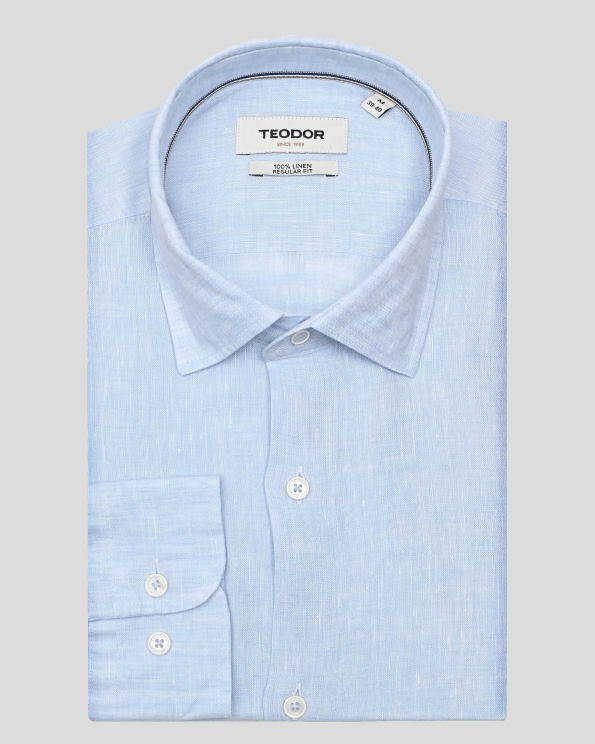 СВЕТЛОСИНЯ ЛЕНЕНА РИЗА МЕЛАНЖ СЪС ЗАОБЛЕН МАНШЕТ И БРОДЕРИЯ ЛОГО