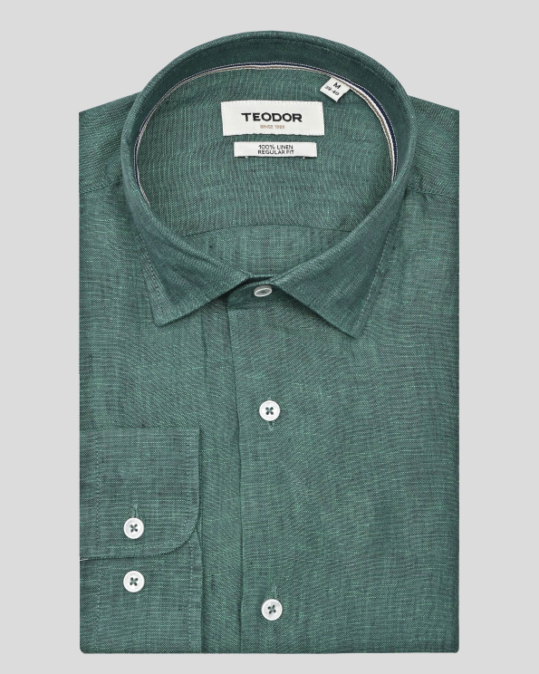 ТЪМНОЗЕЛЕНА ЛЕНЕНА РИЗА МЕЛАНЖ СВОБОДЕН СИЛУЕТ