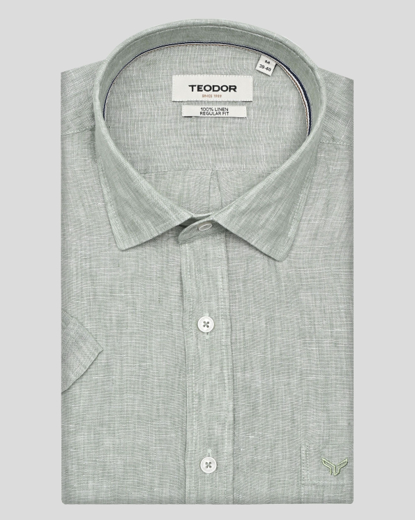 СВЕТЛОЗЕЛЕНА ЛЕНЕНА РИЗА МЕЛАНЖ С КЪС РЪКАВ И ЛОГО