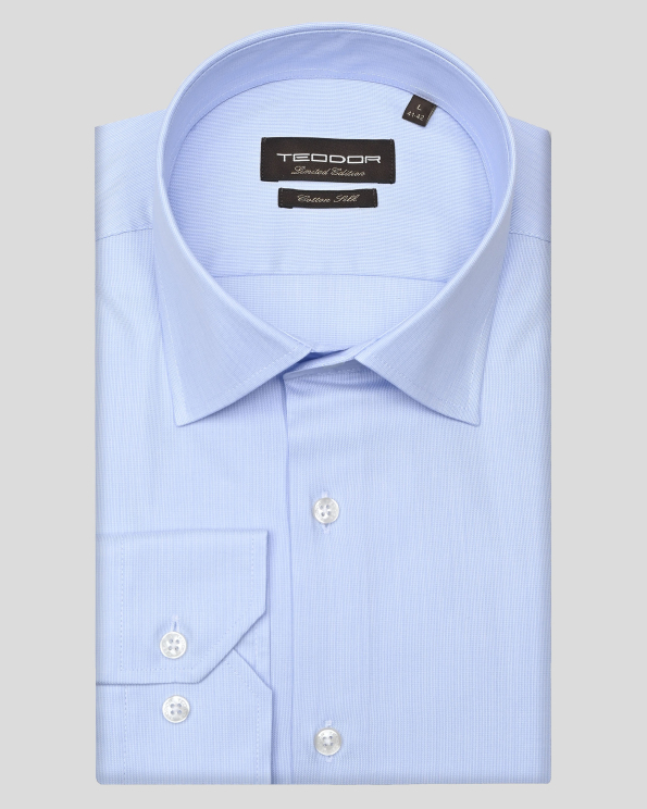 СИНЯ РИЗА ОТ ПАМУК И КОПРИНА СЪС СЕЧЕН МАНШЕТ